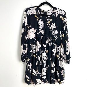 Billabong Womens Size Medium Blue Long Sleeve Floral Dress Tassel Tie